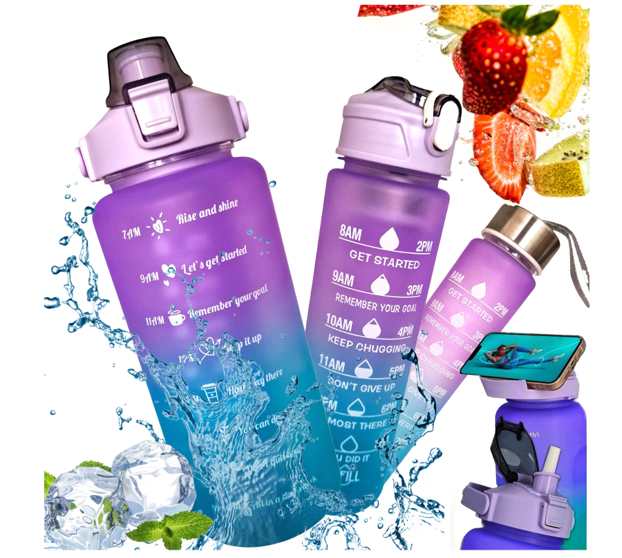 Butelka Motywacyjna Sportowa z Rurką Fitness Siłownia 2000ml+900ml+300ml - 3 szt