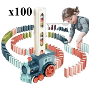Interaktywny Pociąg, Kolejka układająca Domino dla Dzieci - Niebieska 100 klocków
